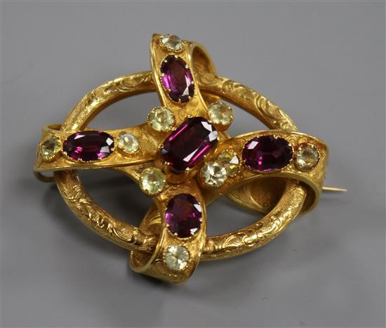 A Victorian yellow metal and gem set openwork bow pendant brooch, 49mm.